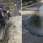 Conductă de apă spartă în Telița. Muncitorii au spart carosabilul ca să ajungă la țeavă