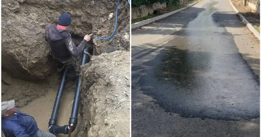 Conductă de apă spartă în Telița. Muncitorii au spart carosabilul ca să ajungă la țeavă